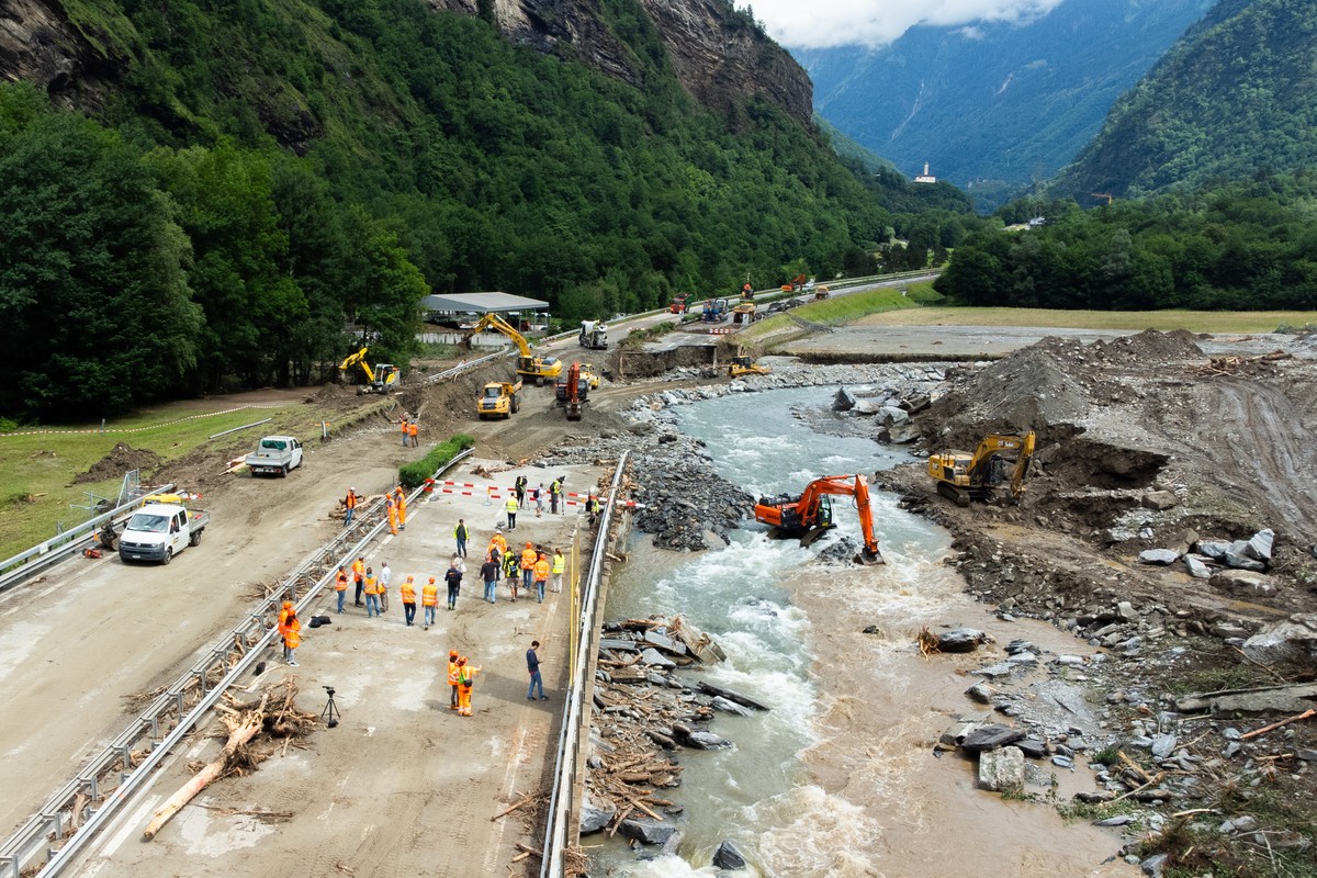 epa11438892 An aerial view of the A13 construction site after the storm in Lostallo, southern Switzerland, 26 June 2024. Massive thunderstorms and rainfall led to a flooding situation with large-scale ...