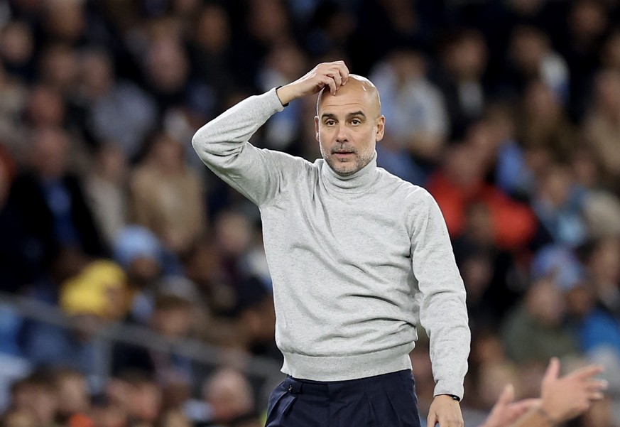epa11678371 Manchester City manager Pep Guardiola reacts during the UEFA Champions League match between Manchester City and Sparta Prague in Manchester, Britain, 23 October 2024. EPA/ADAM VAUGHAN