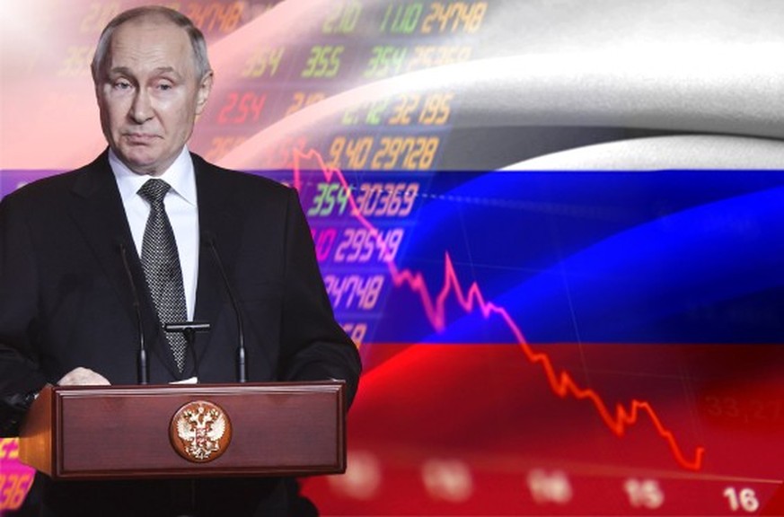 Stock exchange market business concept with selective focus effect. Display of Stock market quotes. Red numbers Downtrend line graph with Russian flag.