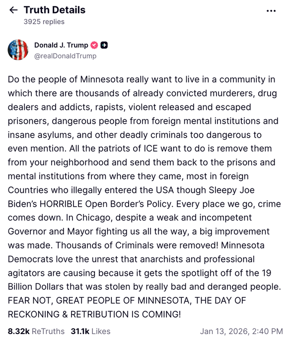 Truth-Social-Post von Donald Trump vom 13. Januar 2026.