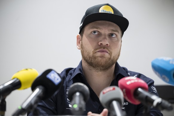 epa11650845 Swiss ski racer Niels Hintermann talks about his health at a media conference at the Hirslanden Clinic in Zurich, Switzerland, 09 October 2024. Hintermann was diagnosed with cancer and wil ...