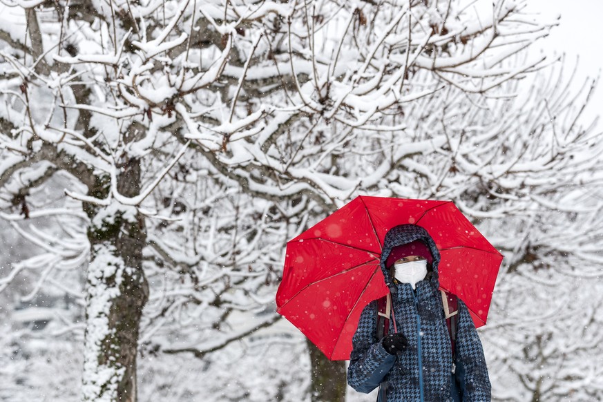 Eine Frau mit rotem Regenschirm und Atemschutzmaske laeuft unter schneebedeckten Baeumen in Unteraegeri am Dienstag, 1. Dezember 2020. (KEYSTONE/Alexandra Wey)