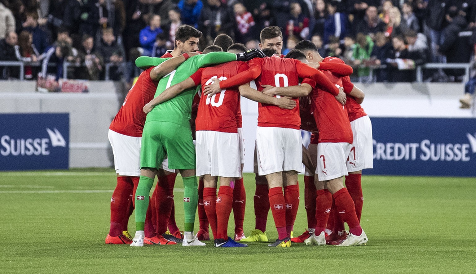 Swiss Players celebrate during a friendly international U-21 soccer match between Switzerland and Croatia at the Kleinfeld Stadion in Kriens, Switzerland, Friday, March 22, 2019. (KEYSTONE/Alexandra W ...