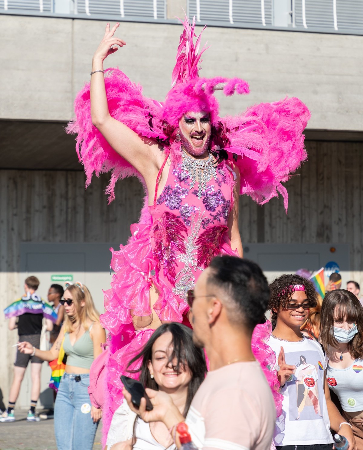 ZURICH, SWITZERLAND, SEPTEMBER 4, 2021 Transgender protester in a pink disguise during a gay pride demo in the city center