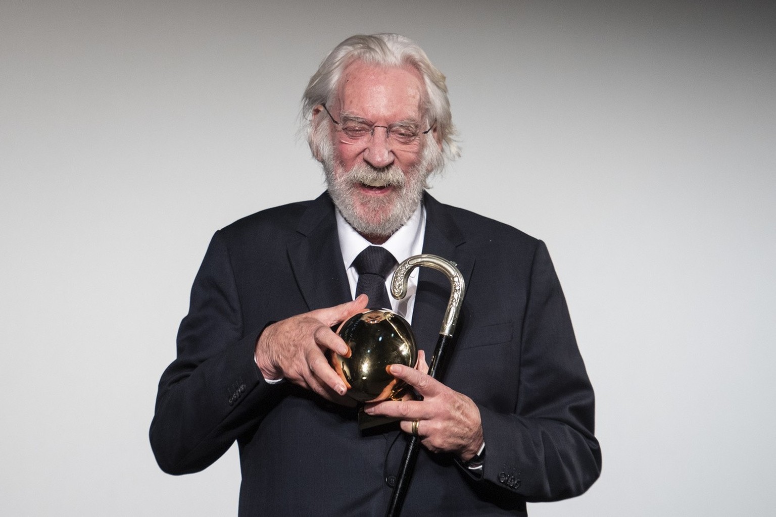 Canadian actor Donald Sutherland reacts with his &quot;Lifetime Achievement Award&quot; during the at the 14th Zurich Film Festival (ZFF) in Zurich, Switzerland, Sunday, September 30, 2018. The festiv ...