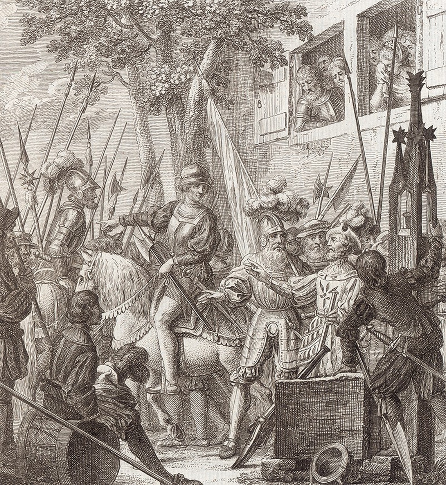 Print, drawn by Johann Martin Usteri.  Zwingli on horseback during the Battle of Kappel in 1531.