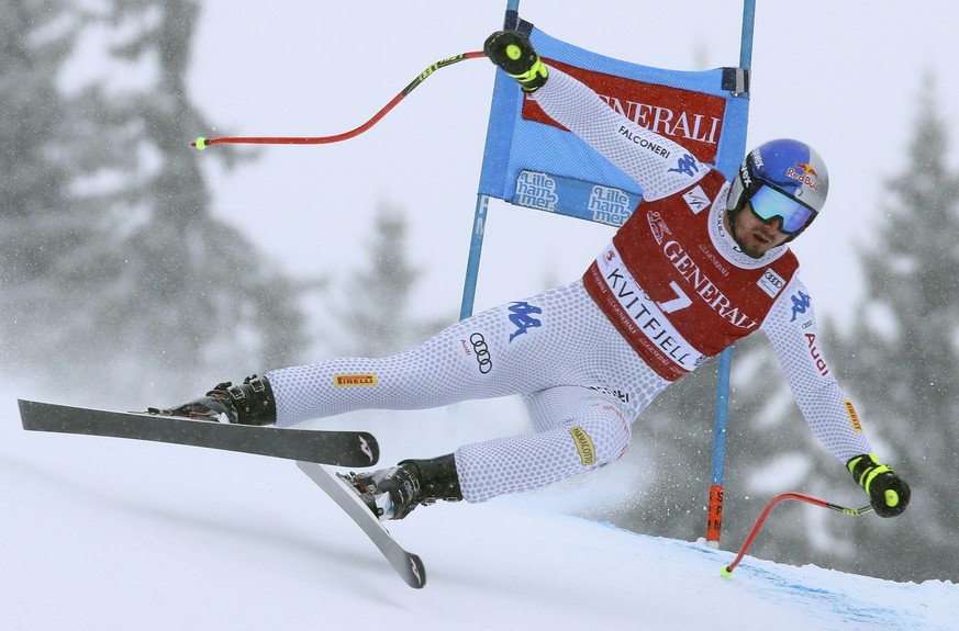 Italy&#039;s Dominik Paris competes in an alpine ski, men&#039;s World Cup Super G, in Kvitfjell, Norway, Sunday, March 3, 2019. (AP Photo/Alessandro Trovati)