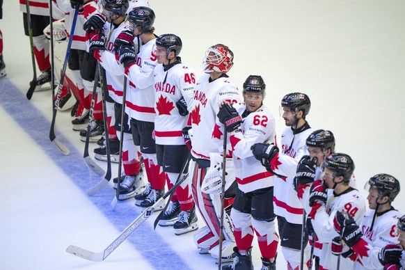 Canada players react after a quarterfinal game between Canada and Denmark at the hockey world championships, Thursday, May 22, 2025, in Herning, Denmark. (Bo Amstrup/Ritzau Scanpix via AP)
Denmark Hoc ...