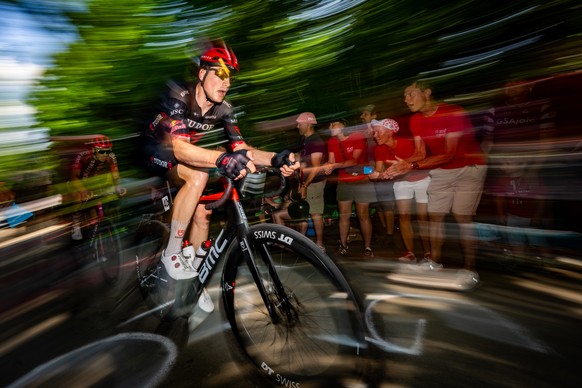 Stefan Kueng of Switzerland, in action during the Swiss Road Championships Men Elite, on Sunday, June 28, 2026, in Develier, Switzerland. (KEYSTONE/Maxime Schmid)