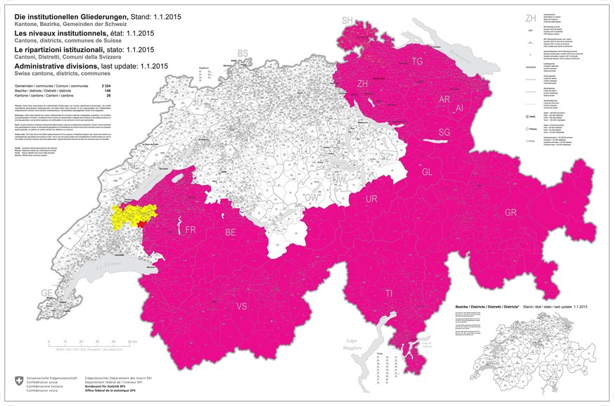 Mein Ziel: Die Schweiz in watson-Magenta färben. Aktuell sind 1006 Gemeinden geschafft, am Dienstag sollen die gelb eingefärbten folgen. Hier geht es zum Livetracking!