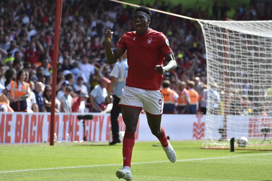 Nottingham Forest&#039;s Taiwo Awoniyi celebrates after scoring against West Ham during the English Premier League soccer match between Nottingham Forest and West Ham United at the City ground in Nott ...