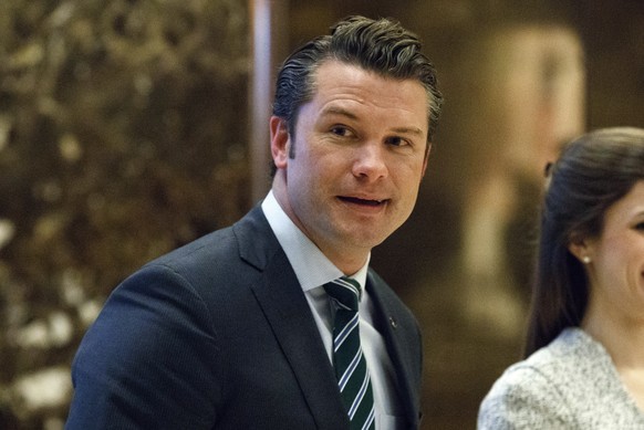 FILE - Pete Hegseth walks to an elevator for a meeting with President-elect Donald Trump at Trump Tower in New York, Dec. 15, 2016. (AP Photo/Evan Vucci, File)
Pete Hegseth