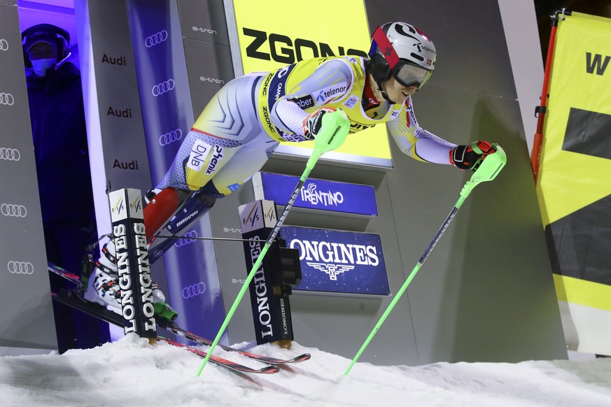 Norway&#039;s Henrik Kristoffersen takes the start during the second run of an alpine ski, men&#039;s World Cup slalom in Madonna di Campiglio, Italy, Tuesday, Dec. 22, 2020. (AP Photo/Marco Trovati)