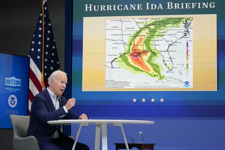 President Joe Biden speaks during a FEMA briefing on Hurricane Ida in the South Court Auditorium in the Eisenhower Executive Office Building on the White House Campus, Saturday, Aug. 28, 2021, in Wash ...
