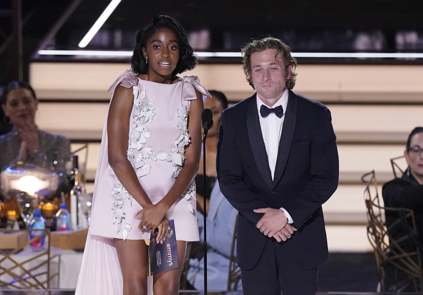 Ayo Edebiri, left, and Jeremy Allen White present the Emmy for outstanding directing for a drama series at the 74th Primetime Emmy Awards on Monday, Sept. 12, 2022, at the Microsoft Theater in Los Ang ...