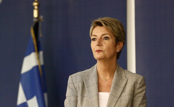 epa09538638 Swiss Justice and Police Minister, Karin Keller-Sutter speaks during a press conference, next to Greek Migration and Asylum Minister after a meeting in Athens, Greece, 22 October 2021. EPA ...