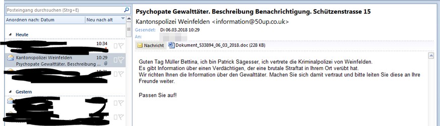 Die E-Mails täuschen vor, von einem Polizeiposten am Wohnort der adressierten Person zu stammen und Informationen über eine gefährliche Person im näheren Umfeld zu enthalten. Weitere Infos könne man d ...