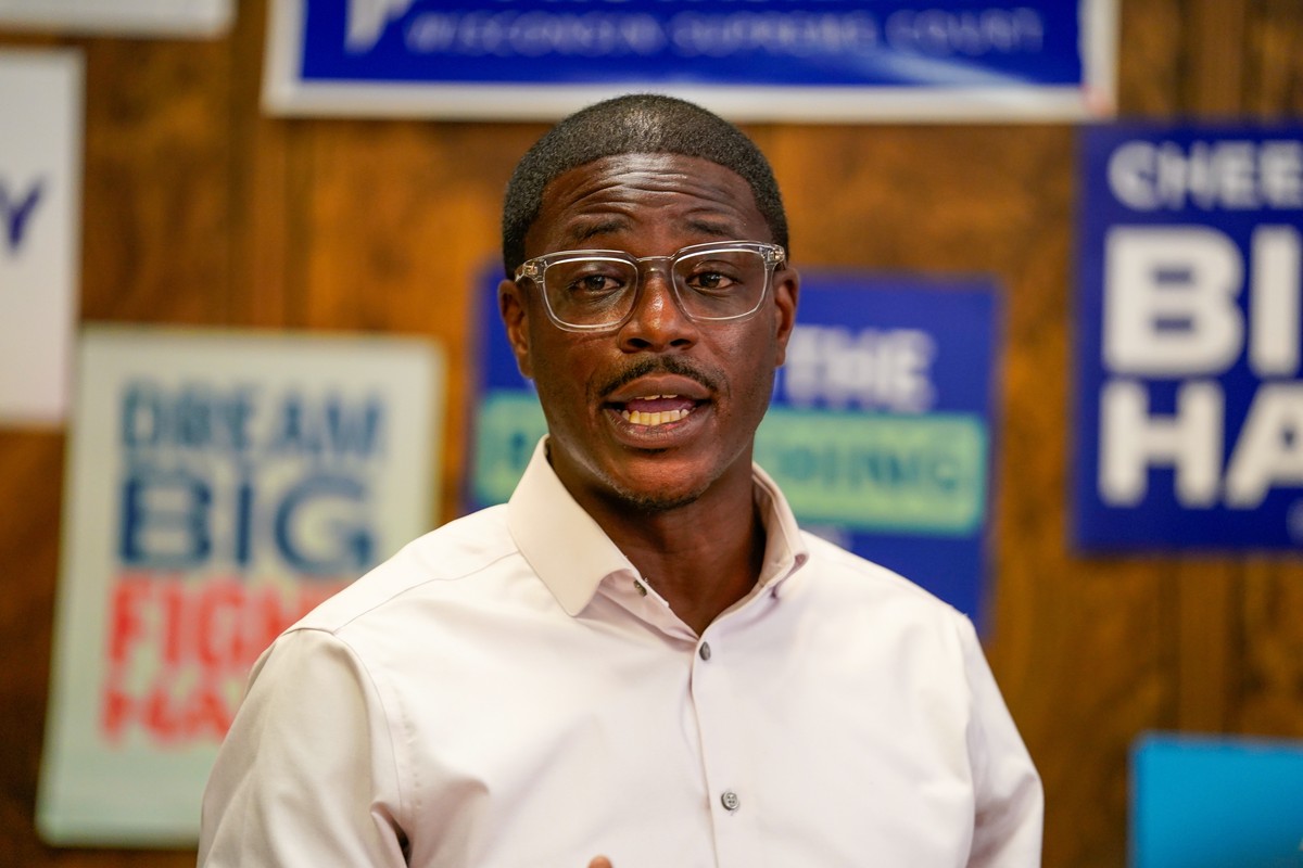 David Crowley, Democratic candidate for Wisconsin governor speaks to supporters gathered at the Sheboygan County Democratic Party office during a campaign stop Friday, Aug. 7, 2026, in Sheboygan, Wis. ...