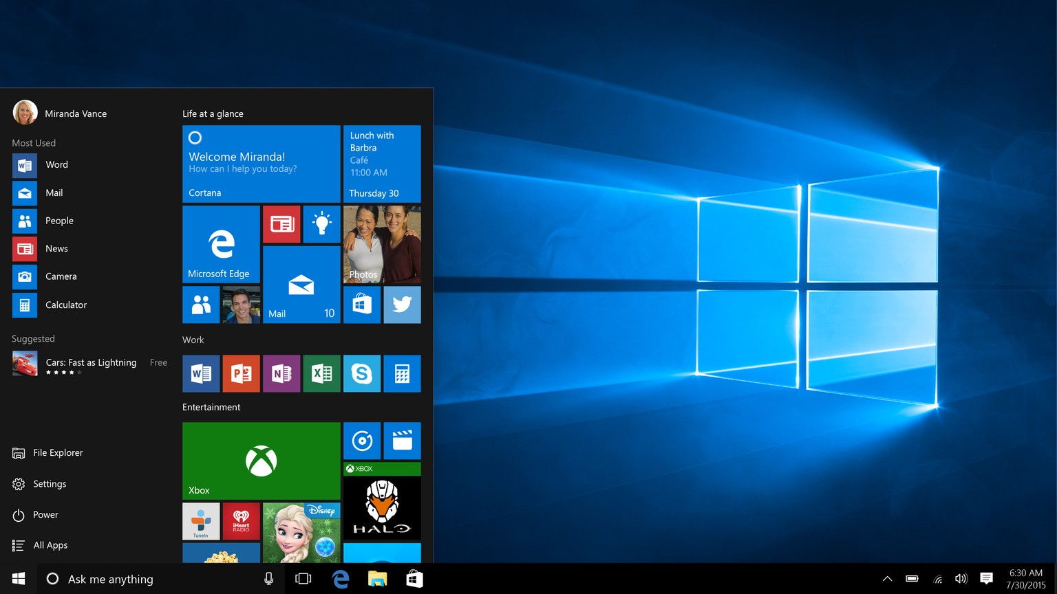 Windows 10: Der Startknopf und das neue Startmenü mit Kacheln.