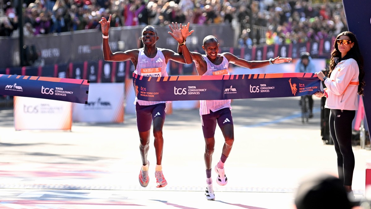 NEW YORK, NEW YORK - NOVEMBER 02: Benson Kipruto and Alexander Mutiso cross the finish line at the 2025 New York City Marathon on November 02, 2025 in New York City. (Photo by Bryan Bedder/New York Ro ...