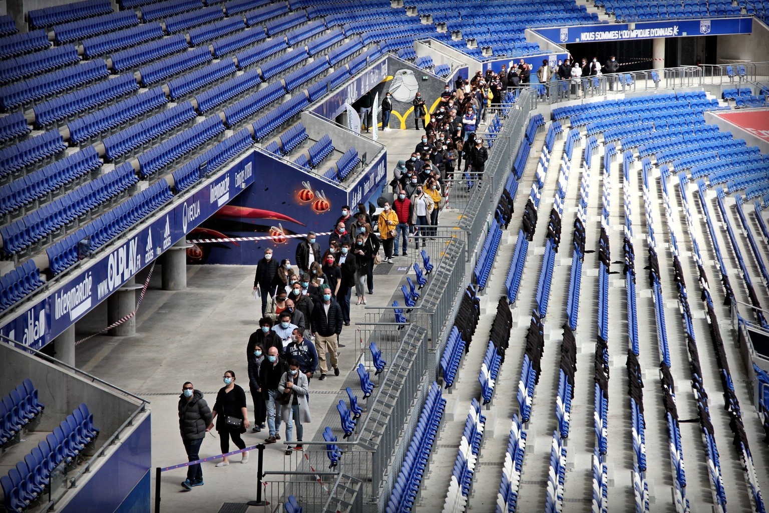 Vaccination At Groupama Stadium - Lyon Laurent Wauquiez, President of the Auvergnes RhÃ nes-Alpes Region, Jean-Michel Aulas president of OL and Pierre-Jean Ternamian president of URPS Auvergne-RhÃ ne- ...