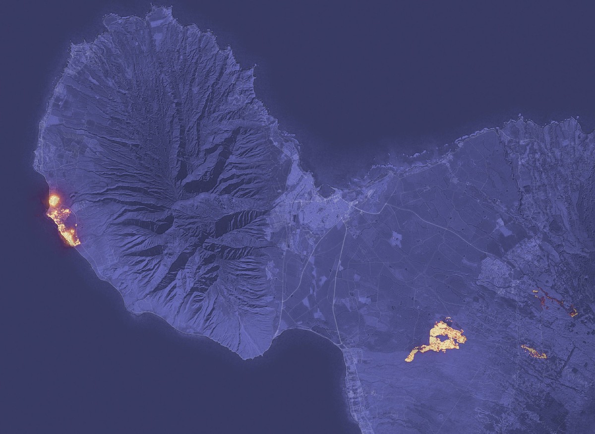 August 10, 2023 - Maui, Hawaii, USA - A fast-moving wildfire has devastated the historic town of Lahaina on Maui, Hawaii s second-largest island. The image above shows the signature of the fire at 10: ...