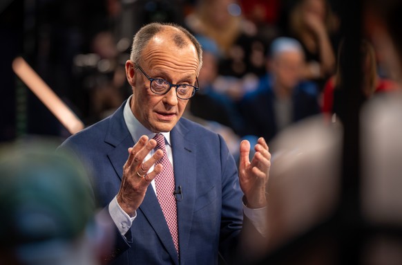 epa11894334 Friedrich Merz, candidate for chancellor and chairman of the Christian Democratic Union of Germany (CDU), speaks during the ZDF program &#039;Klartext&#039; in Berlin, Germany, 13 February ...