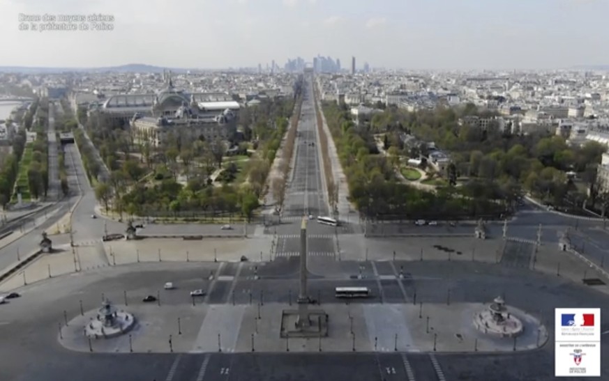 This image taken from drone video on March 19, 2020 and made available by the Prefecture de Police de Paris, shows the empty streets of Paris during lockdown to combat the spread of the new coronaviru ...