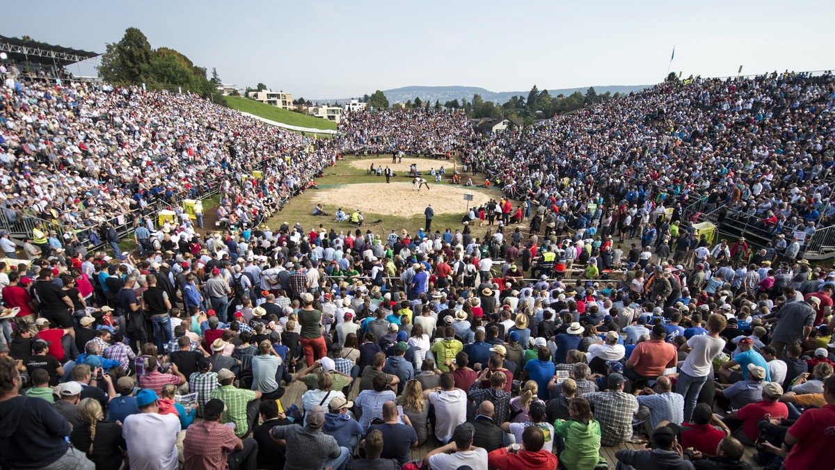 Blick auf den Festplatz am 16. Kilchberger Schwinget am Sonntag, 7. September 2014, in Kilchberg. (KEYSTONE/Urs Flueeler)

An overall view of the Arena during the Swiss Wrestling tournament "Ki ...