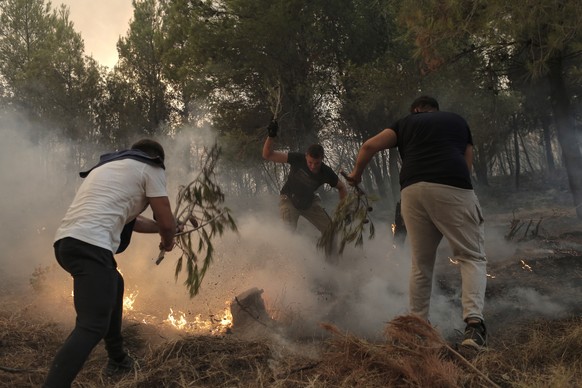 epaselect epa09401958 Youths use tree branches as they battle a wildfire in the area of Tatoi, near Athens, Greece, 06 August 2021. The fires in Attica continued to blaze uncontrollably on 06 August,  ...