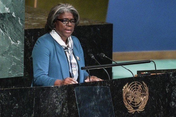 United Nations Ambassador from United States, Linda Thomas-Greenfield, address the U.N. General Assembly, before it voted on a resolution condemning Russia&#039;s illegal referendum in Ukraine, Wednes ...