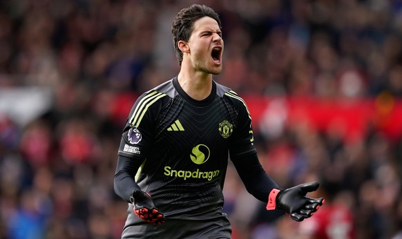 Manchester United&#039;s goalkeeper Senne Lammens reacts during the English Premier League soccer match between Manchester United and Sunderland at Old Trafford stadium in Manchester, England, Saturda ...