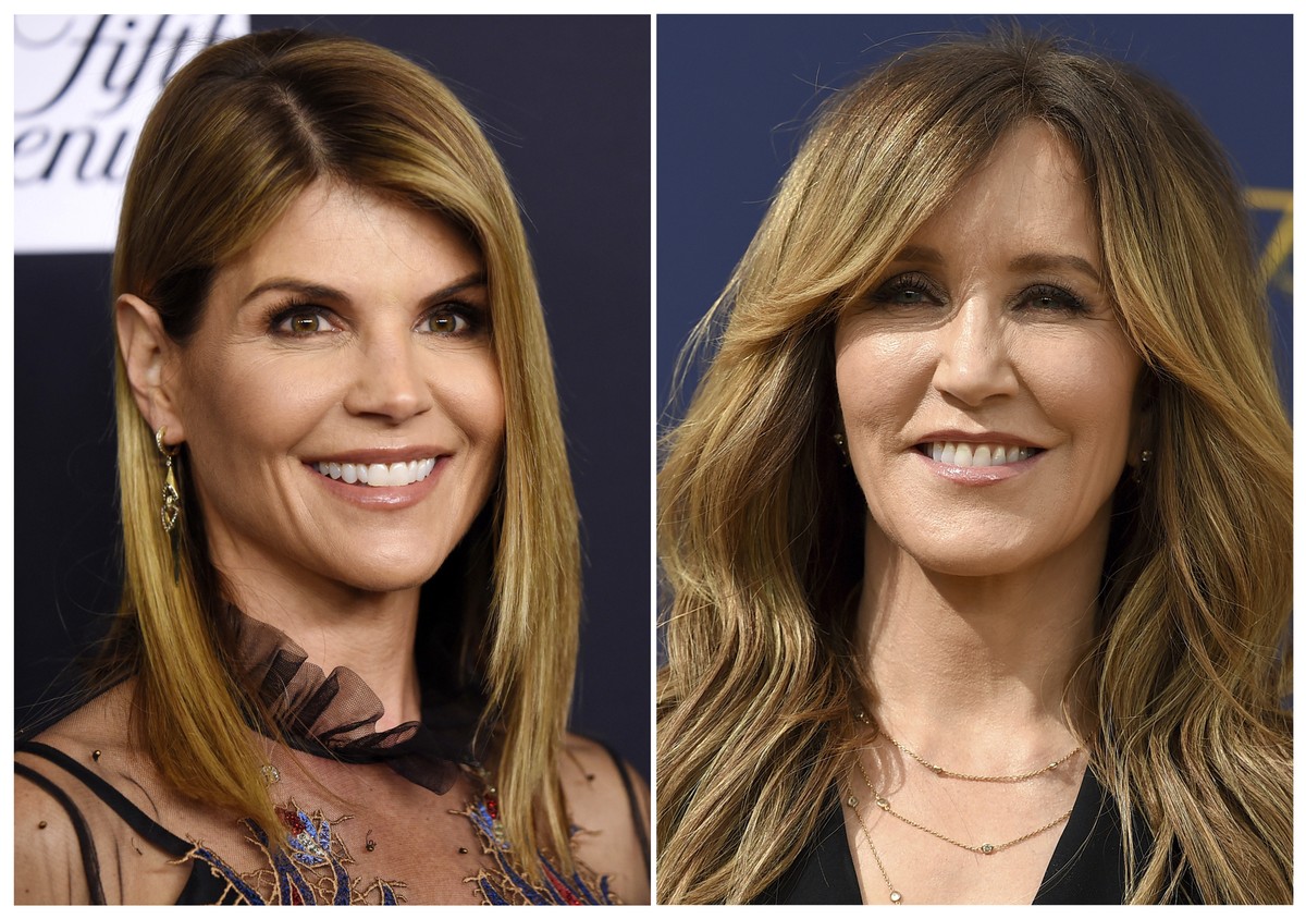 This combination photo shows actress Lori Loughlin at the Women's Cancer Research Fund's An Unforgettable Evening event in Beverly Hills, Calif., on Feb. 27, 2018, left, and actress Felicity ...