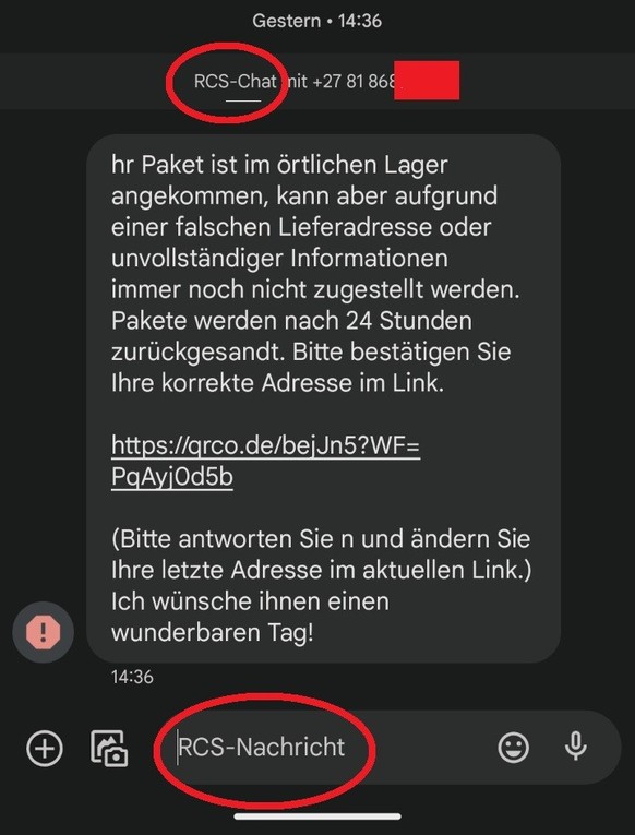 Die Kriminellen haben teils von SMS auf RCS-Nachrichten auf Android (siehe Screenshot) und iMessage auf dem iPhone umgestellt, um die SMS-Filter von Swisscom und Co. zu umgehen.