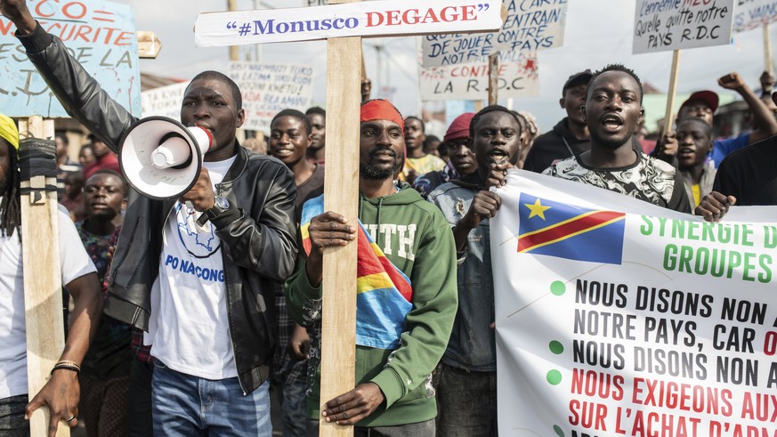 Goma residents join in a protest called by the civil society against the United Nations mission to the Democratic Republic of Congo and the current conflict between government forces and M23 rebels, i ...