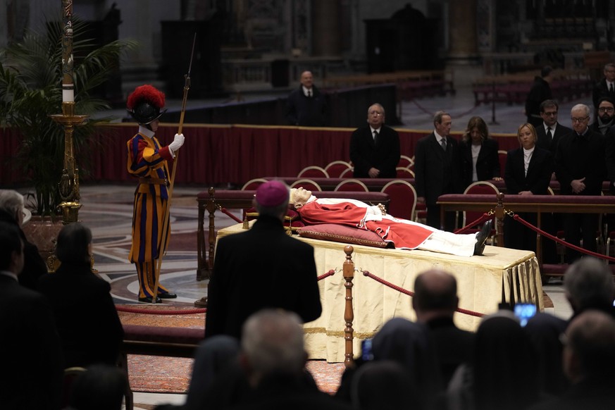 The body of the late Pope Emeritus Benedict XVI laid in state in St. Peter's Basilica in the Vatican, Monday, January 2, 2023. Benedict XVI, the German theologian who will be remembered as the first ...