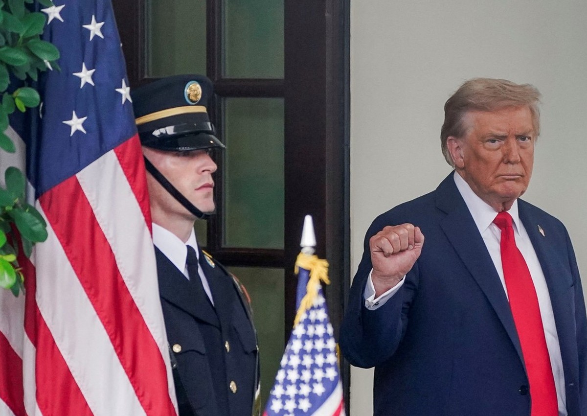 U.S. President Donald Trump gestures as he meets with Ukrainian President Volodymyr Zelenskiy (not pictured) at the White House amid negotiations to end the Russian war in Ukraine, in Washington, D.C. ...