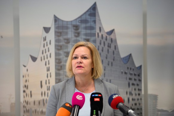 epa11890868 German Federal Minister of the Interior and Community Nancy Faeser speaks to the press after a visit to the central reception center for refugees in Hamburg, Germany, 12 February 2025. EPA ...