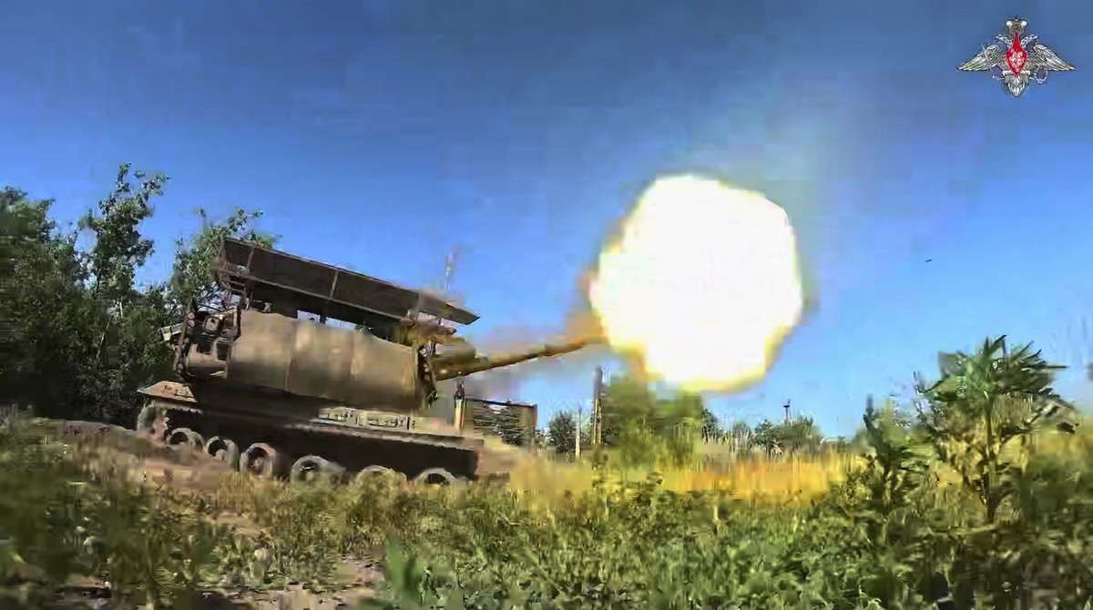In this photo taken from video released by Russian Defense Ministry Press Service on Thursday, July 31, 2025, a Russian Giatsint-S self-propelled gun fires towards Ukrainian positions on an undisclose ...