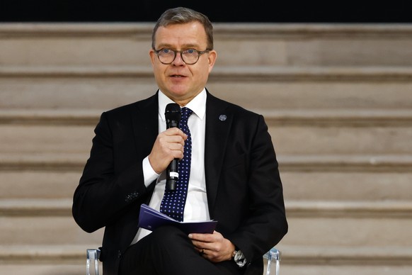 epa11888371 Finland&#039;s Prime Minister Petteri Orpo speaks during a plenary session of the Artificial Intelligence (AI) Action Summit at the Grand Palais in Paris, France, 11 February 2025. The sum ...