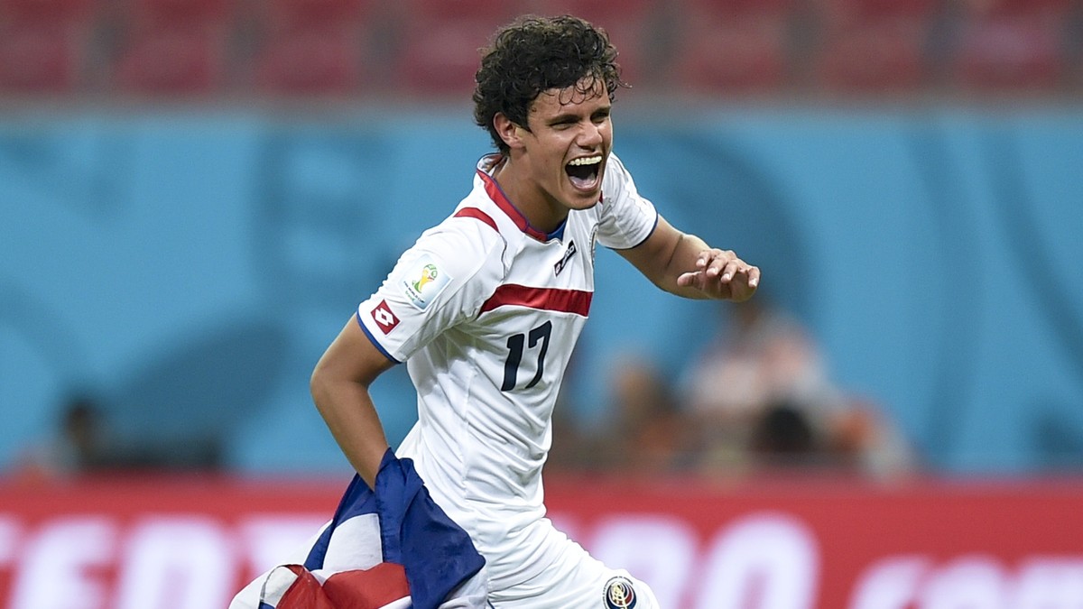 Costa Rica's Yeltsin Tejeda celebrates after Costa Rica defeated Greece 5-3 in penalty shootouts after a 1-1 tie during the World Cup round of 16 soccer match between Costa Rica and Greece at the ...