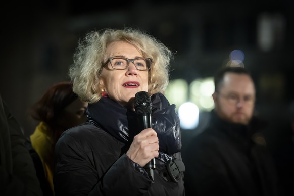 Corine Mauch, Mayor of the City of Zurich, speaks during a rally to commemorate the victims of the Hamas attack as part of the movement &quot;Never again is now&quot;, on Monday, December 18, 2023 on  ...