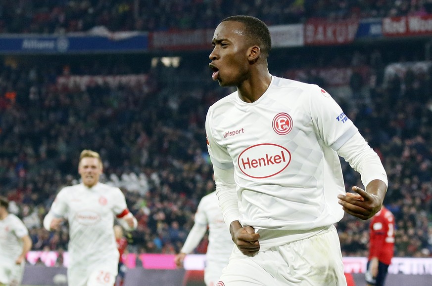 epa07187157 Duesseldorf&#039;s Dodi Lukebakio celebrates after scoring the equalizer during the German Bundesliga soccer match between FC Bayern Munich and Fortuna Duesseldorf in Munich, Germany, 24 N ...