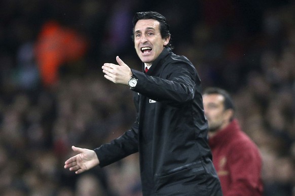 Arsenal manager Unai Emery gestures, during the English League Cup 4th round soccer match between Arsenal and Blackpool, at the emirates Stadium, in London, Wednesday, Oct. 31, 2018. (Nigel French/PA  ...