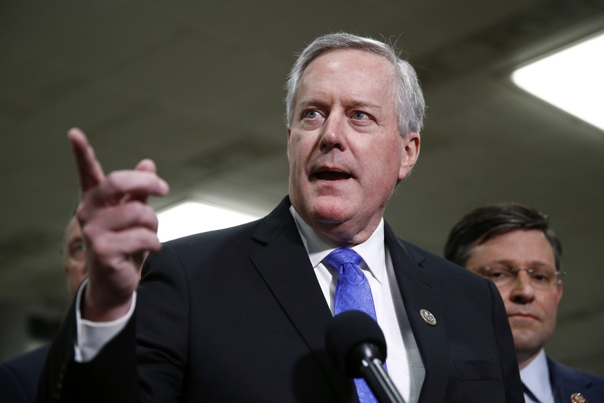 FILE - In this Jan. 29, 2020, file photo, Rep. Mark Meadows, R-N.C., speaks with reporters during the impeachment trial of President Donald Trump on charges of abuse of power and obstruction of Congre ...