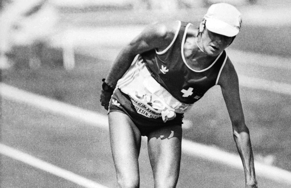 Gabriela Andersen-Scheiss, suffering from heat exhaustion, staggers to the finish line of the 1984 Olympic women's marathon in the Los Angeles Coliseum, Sunday, Aug. 5, 1984. Andersen-Scheiss fin ...