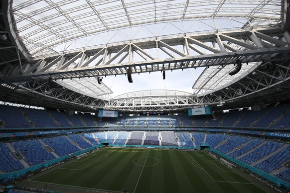 General view of the Gazprom arena stadium ahead of the Euro 2020 soccer championship group E match between Poland and Slovakia in St. Petersburg, Russia, Monday, June 14, 2021. (Anton Vaganov/Pool via ...