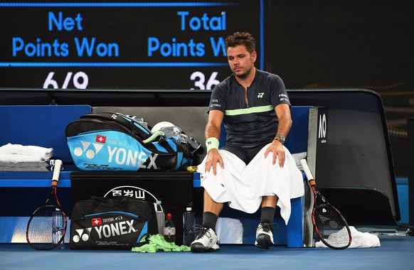 epa06449521 Stan Wawrinka of Switzerland reacts during a break in his second round match against Tennys Sandgren of the USA at the Australian Open Grand Slam tennis tournament in Melbourne, Australia, ...