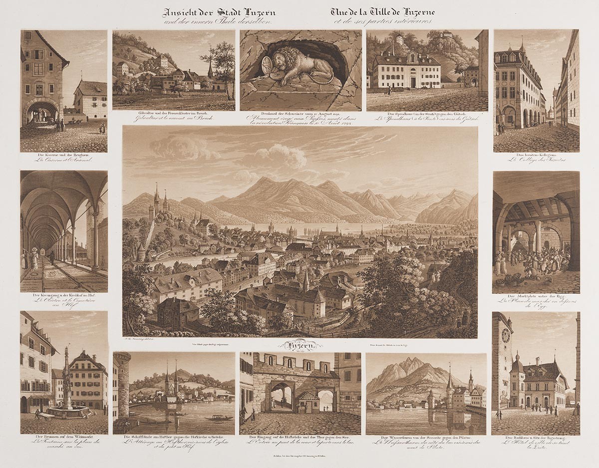 Gravure groupée de la ville de Lucerne par Johann Baptist Isenring, vers 1832.
https://permalink.nationalmuseum.ch/100104621