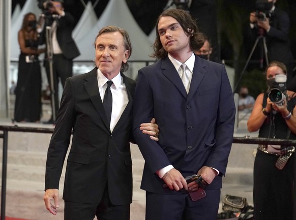 FILE - Tim Roth, left, and his son Cormac Roth appear at the premiere of the film &quot;Bergman Island&quot; at the 74th international film festival, Cannes, southern France, on July 11, 2021. Cormac  ...